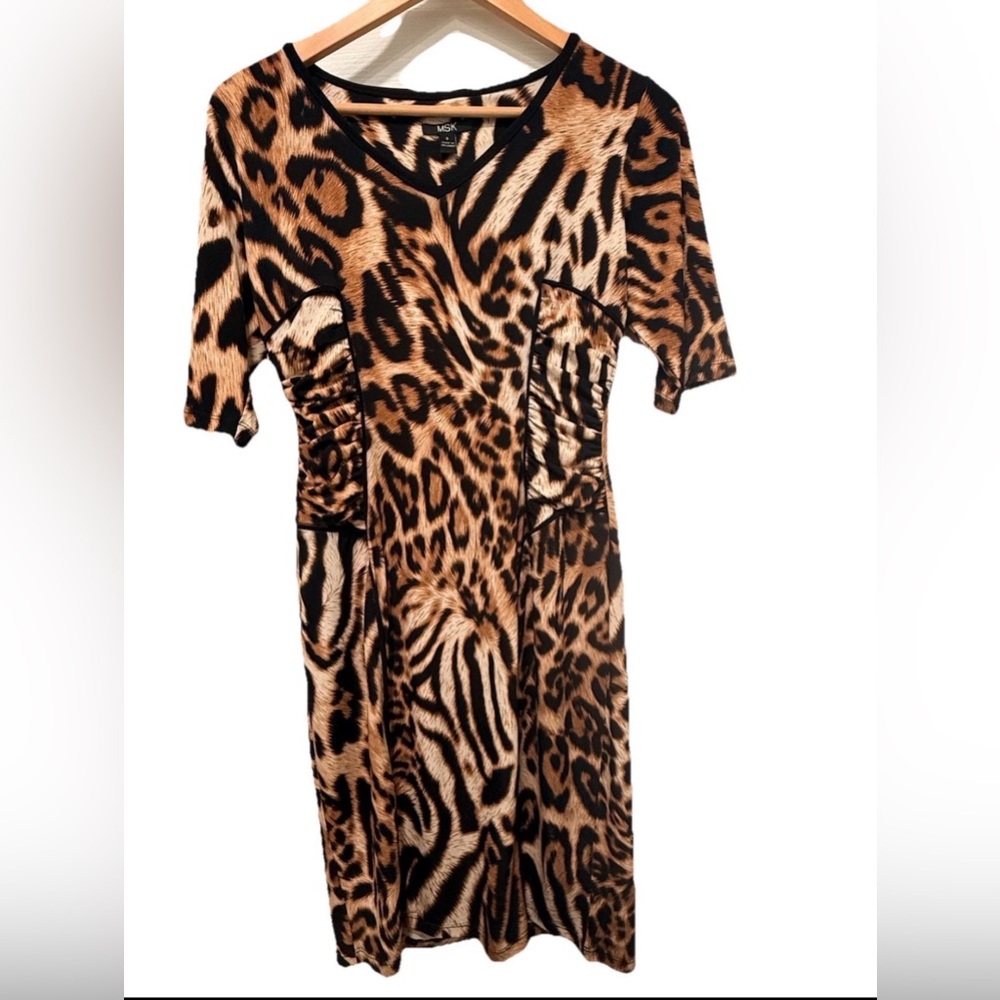 MSK Leopard Print V-Neck Dress - Tan & Black size S